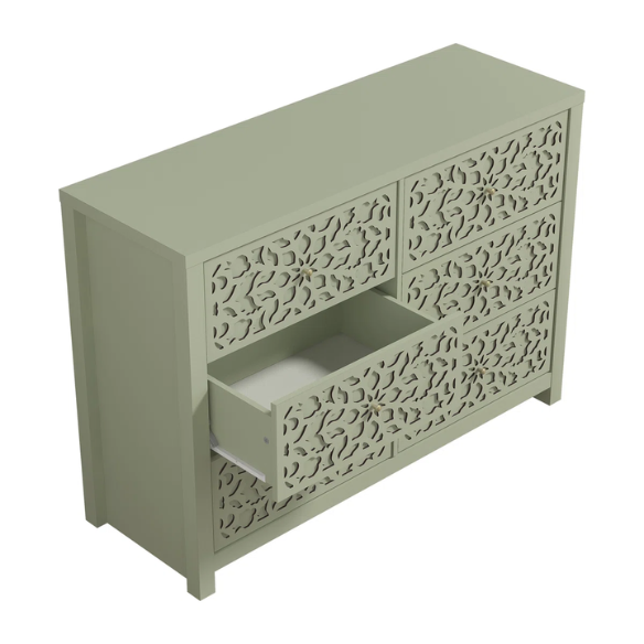 Boho-Inspired 45.4" 6-Drawer Dresser with Distressed Finish and Openwork Floral Details