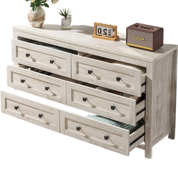 6-Drawer Dresser – A Perfect Blend of Rustic Charm and Industrial Elegance, Featuring a Clean-Lined Silhouette and Weathered Finish. Crafted from Solid and Engineered Wood