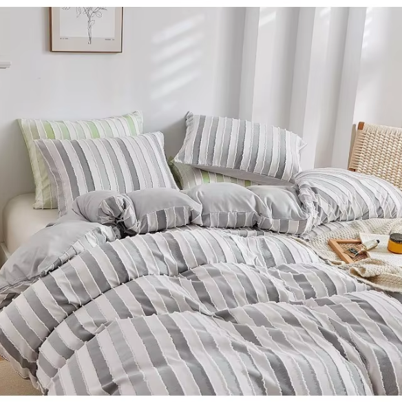 Luxurious Tufted Duvet Cover Set – Queen Size | Striped Textured Boho Bedding | Ultra-Soft Washed Microfiber | 3-Piece Set