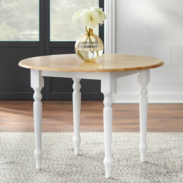 5-Piece Dining Set – Two-Tone Round Table with Drop Leaves & Cross-Back Chairs