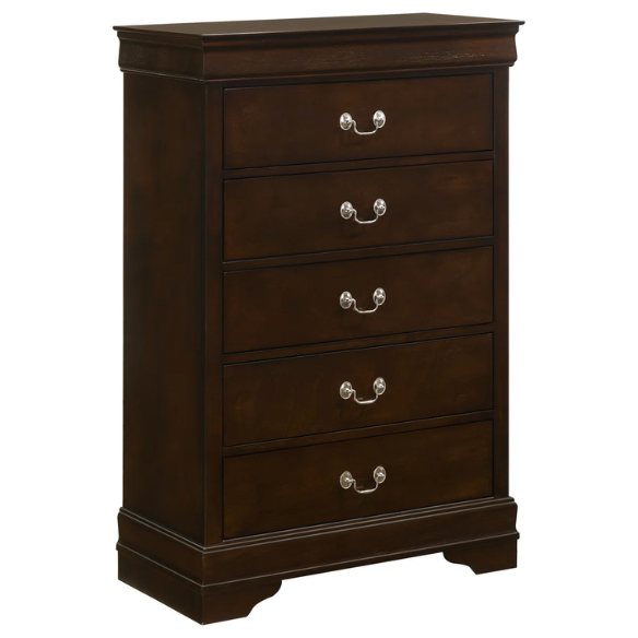 5-Piece Bedroom Set – Traditional Style with Flared Headboard, Dovetail Construction, Silver Bail Handles, and Spacious Storage – Crafted from Select Hardwoods and Veneers in a Warm Cappuccino Finish – Includes Bed, Nightstand, Dresser, Chest, and Mirror