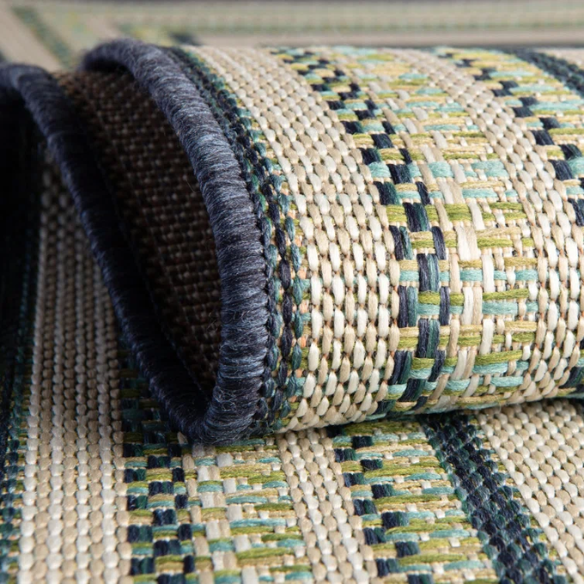 Coastal-Inspired Geometric Rug – Fade & Stain-Resistant,Ivory,Green,Blue Pattern, Ideal for Indoor/Outdoor Use