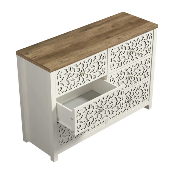Boho-Inspired 45.4" 6-Drawer Dresser with Distressed Finish and Openwork Floral Details