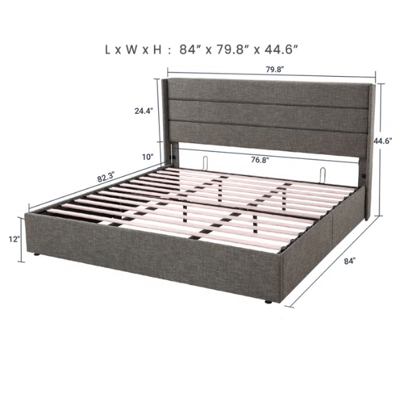 Modern King Size Upholstered Platform Bed with Hydraulic Lift Storage – Sleek Grooved Headboard, Space-Saving Design, and No Box Spring Needed