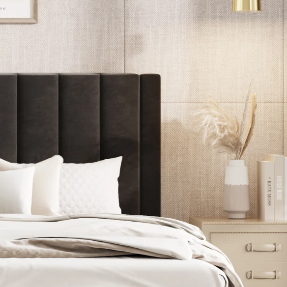 Luxurious Upholstered Platform Bed – Full/Double Size with Velvet Upholstery and Striped Headboard for Elegant Comfort