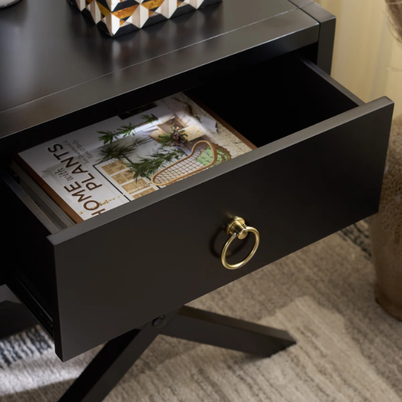 1-Drawer Nightstand – Classic Campaign Style with Contemporary Chic, Acacia Wood Frame, Cross-Base Design, Bold Finish, Gold Drawer Pull, Perfect for Modern Bedrooms