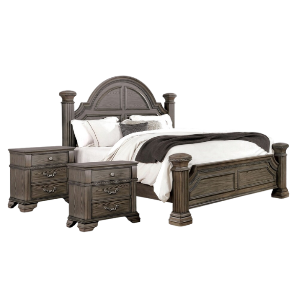 Elegant Traditional 3-Piece Wood Poster Bedroom Set with Beaded Trim, Reeded Posts, and USB Nightstands