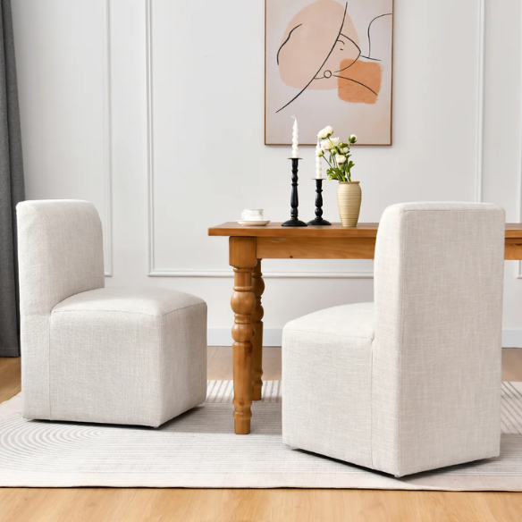 Neutral Beige Linen Upholstered Rolling Dining Chair with Casters – Comfortable Accent Seating