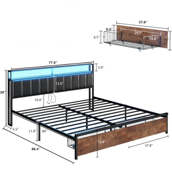 Modern LED King Size Bed Frame with Storage Drawers and Built-in Charging Station