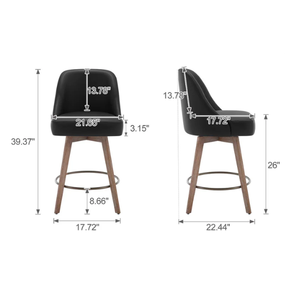 Modern Counter Height Swivel Bar Stool – Upholstered Faux Leather/Polyester Blend Seat, Solid Beech Wood Frame, Ergonomic High Back, Bronze Metal Footrest, 300lb Capacity for Kitchen, Bar, or Pub
