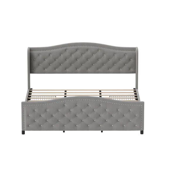 Luxurious King Size Velvet Upholstered Platform Bed with Tufted Camelback Headboard, Nailhead Trim, and 4 Built-In Storage Drawers – Stylish and Functional Bedroom Upgrade