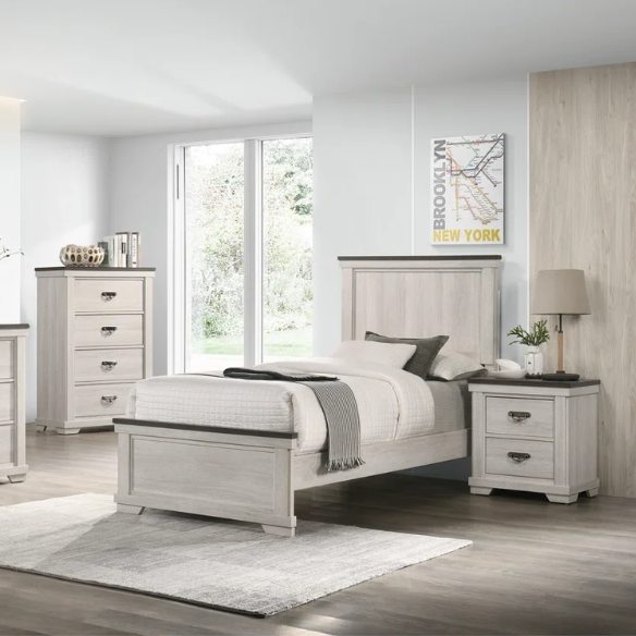 Luxurious Rustic Solid Wood 5-Piece Twin Bedroom Set: Cream & Brown Panel Bed, Dresser, Mirror, Nightstand, and Chest