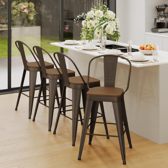 Set of 4 Farmhouse Counter Height Bar Stools – Rustic Industrial Style with Removable Backrest, Heavy-Duty Steel Frame, and Scratch-Resistant Finish