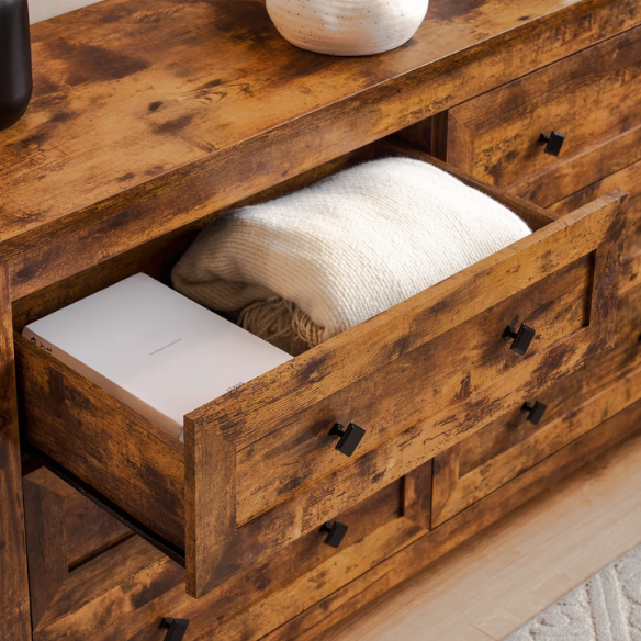 6-Drawer Dresser – A Perfect Blend of Rustic Charm and Industrial Elegance, Featuring a Clean-Lined Silhouette and Weathered Finish. Crafted from Solid and Engineered Wood