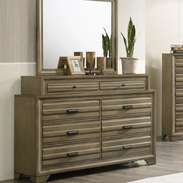 Contemporary Solid Wood 4-Piece Platform Queen Bedroom Set – Storage Bed with Headboard Shelves, Dresser, Nightstand, and Textured Drawer Fronts