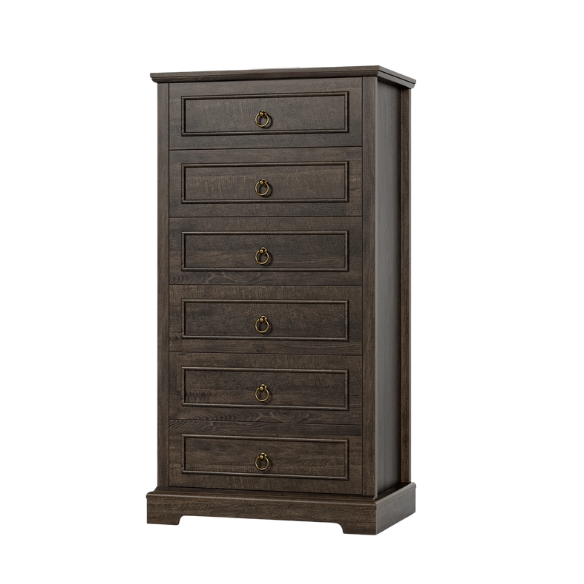 French Country-Inspired 5-Drawer Chest with Metal Ring Handles, Paneled Detailing, and Classic Crown Molding