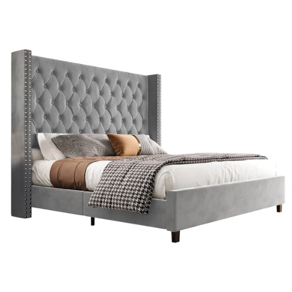 Queen Size Upholstered Velvet Bed – The Epitome of Luxury and Comfort with Majestic 61.4-Inch Extra-High Headboard