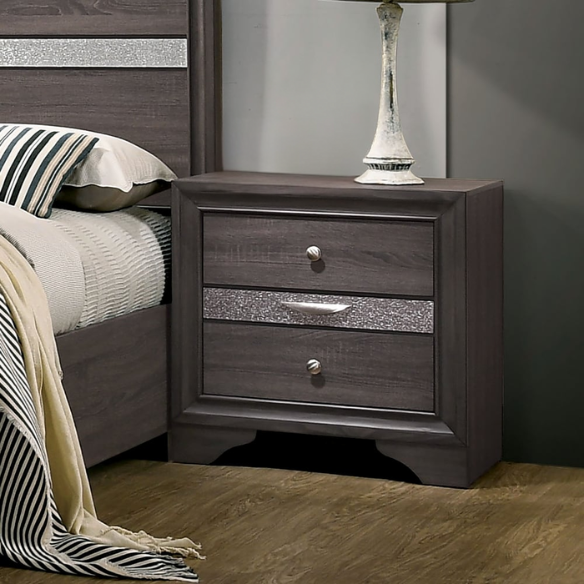Modern Style 2-Piece Grey Storage Platform Bedroom Set with Panel Bed, Nightstand, and Sleek Silver Accents