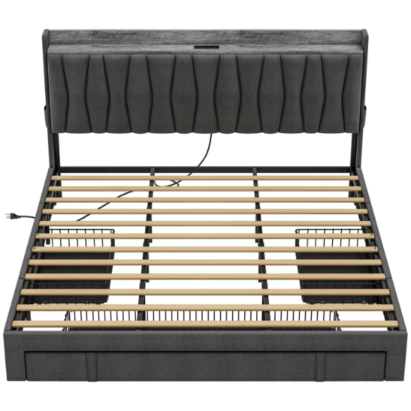 Modern Upholstered King Size Bed Frame with 3 Storage Drawers, Soft Foam Headboard, and Built-in Charging Station