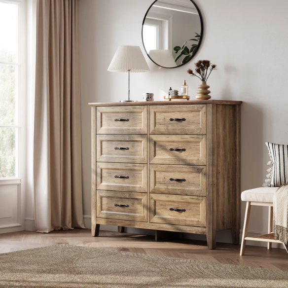 French Country-Inspired 8-Drawer 47.3" Double Dresser with Rustic Finish, Crown Molding, and Tapered Legs