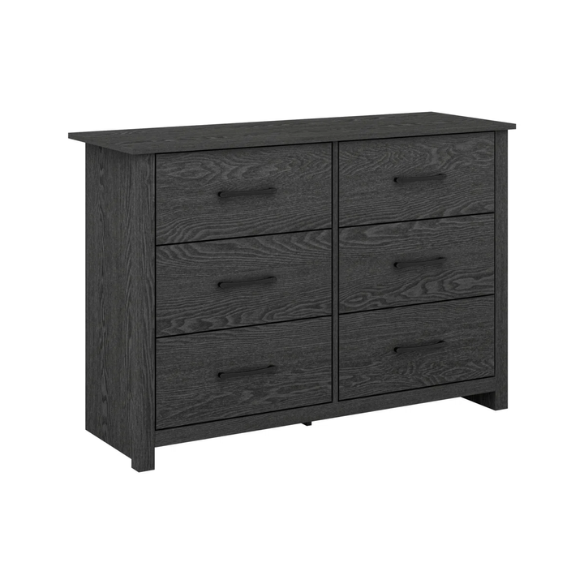 Modern 6-Drawer Double Dresser with Flared Feet and Sleek Black Metal Handles