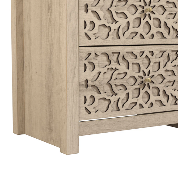 Boho-Inspired 45.4" 6-Drawer Dresser with Distressed Finish and Openwork Floral Details