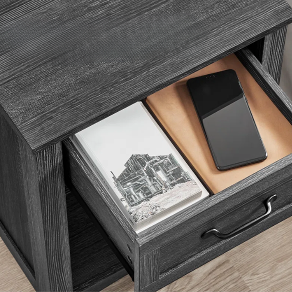 Farmhouse-Style Nightstand with Built-In Charging Station – Engineered Wood, Spacious Top, Drawer & Open Compartment, Matte Black Metal Handle, USB-A & USB-C Ports, AC Outlets, Ideal for Bedroom or Living Room