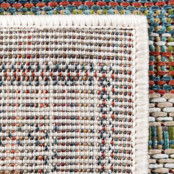 Coastal-Inspired Geometric Rug – Fade & Stain-Resistant, Green & Orange Pattern, Ideal for Indoor/Outdoor Use