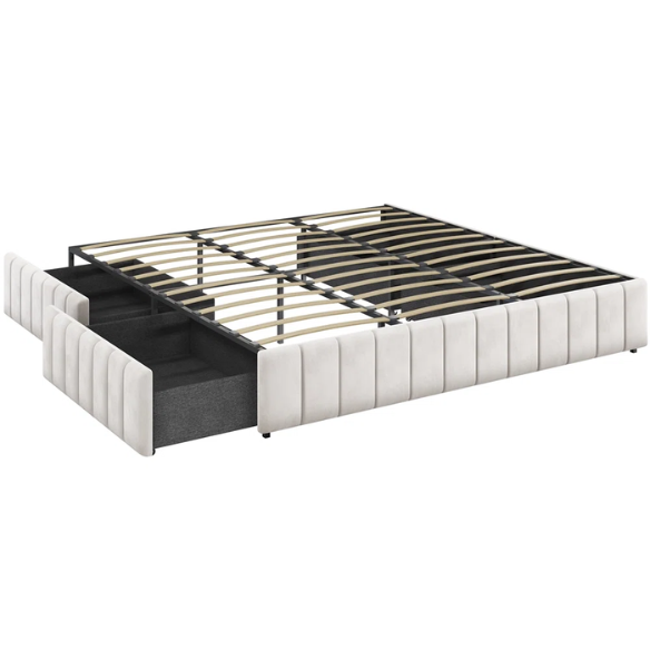 King Size Upholstered Platform Storage Bed with Velvet Fabric, Channel-Tufted Accents, and Built-In Drawers for Extra Storage