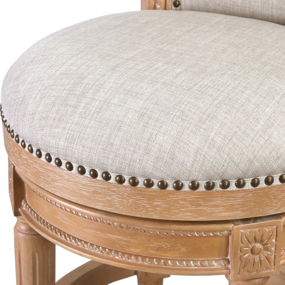 Swivel Bar-Height Stool with High Seat Back – Elegant Curved Back, 180° Automatic Return Swivel, Nail Head Trim, Metal Footrests, and Cushioned Foam Seat for Ultimate Comfort