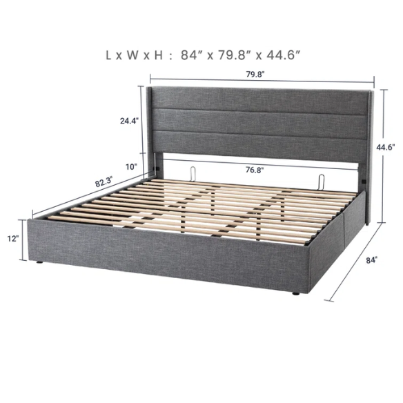 Modern King Size Upholstered Platform Bed with Hydraulic Lift Storage – Sleek Grooved Headboard, Space-Saving Design, and No Box Spring Needed