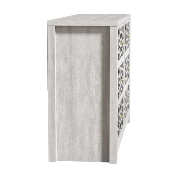 Boho-Inspired 45.4" 6-Drawer Dresser with Distressed Finish and Openwork Floral Details
