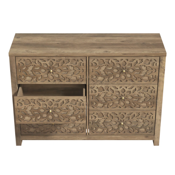 Boho-Inspired 45.4" 6-Drawer Dresser with Distressed Finish and Openwork Floral Details