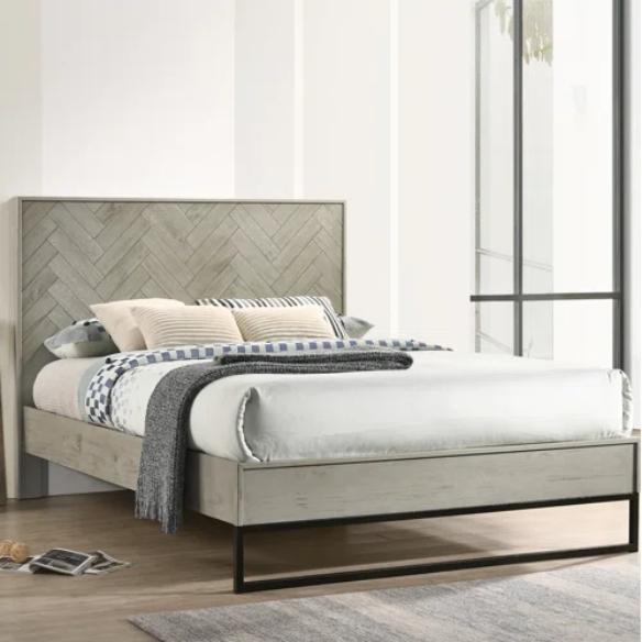 Industrial Mid-Century Modern Platform Bedroom Set with Herringbone Design Headboard – Stylish and Versatile
