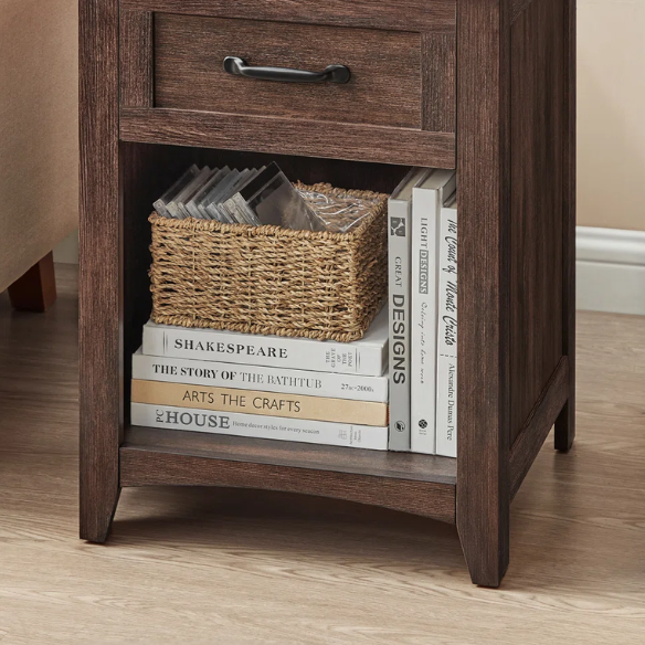Farmhouse-Style Nightstand with Built-In Charging Station – Engineered Wood, Spacious Top, Drawer & Open Compartment, Matte Black Metal Handle, USB-A & USB-C Ports, AC Outlets, Ideal for Bedroom or Living Room