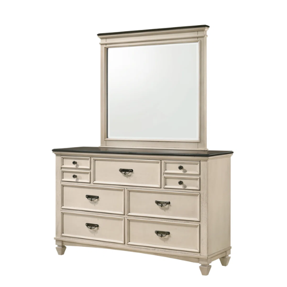 Elegant Cream & Brown 6-Piece Queen Panel Bedroom Set – Solid Wood Bed, Dresser, Mirror, 2 Nightstands, and Chest with Ample Storage