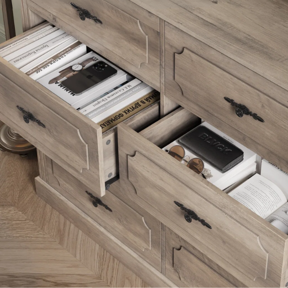 Classic Modern 8-Drawer Double Dresser with Picture Frame Paneling, Decorative Black Metal Handles, and French Country Style