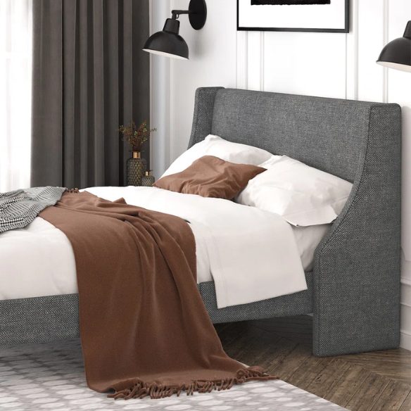 Modern Queen Size Upholstered Platform Bed with Deluxe Wingback and Linen Blend Fabric