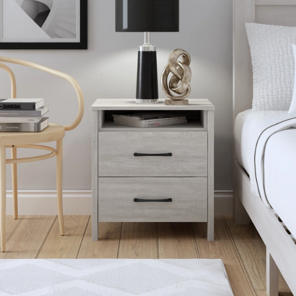 22.7" 2-Drawer Nightstand – Space-Saving Modern Minimalism, Engineered Wood with Clean-Lined Silhouette, Neutral Finish, Open Cubby & 2 Spacious Drawers for Bedroom Storage, Ideal for Tech & Accessories