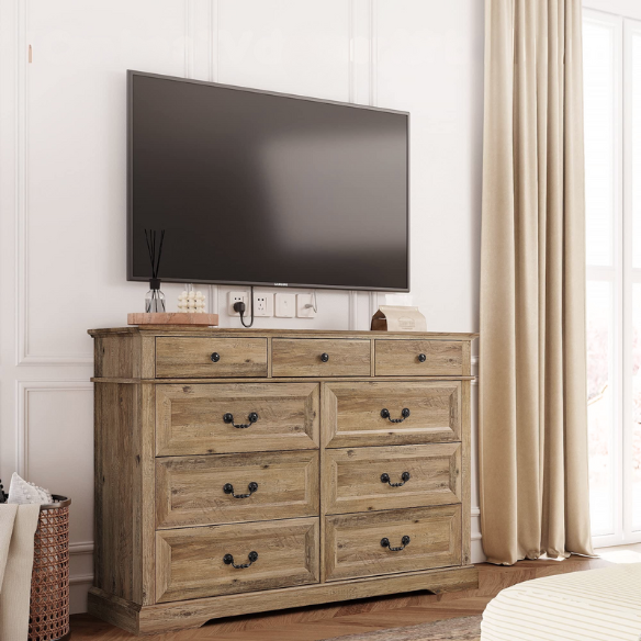 Rustic Modern 9-Drawer 53.5'' Double Dresser with Inset Paneling, Crown Molding, and Customizable Metal Handles