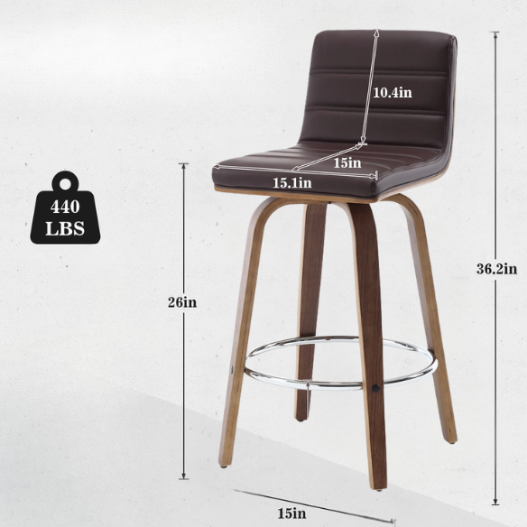 Mid-Century Modern Faux Leather Swivel Counter/Bar Stools – 360° Swivel, Padded PU Leather Seat & Back, Durable Bentwood Legs, Metal Footrest, Supports Up to 440lbs for Home Bar or Kitchen