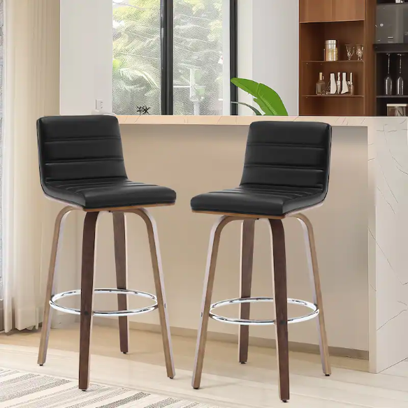 Mid-Century Modern Faux Leather Swivel Counter/Bar Stools – 360° Swivel, Padded PU Leather Seat & Back, Durable Bentwood Legs, Metal Footrest, Supports Up to 440lbs for Home Bar or Kitchen