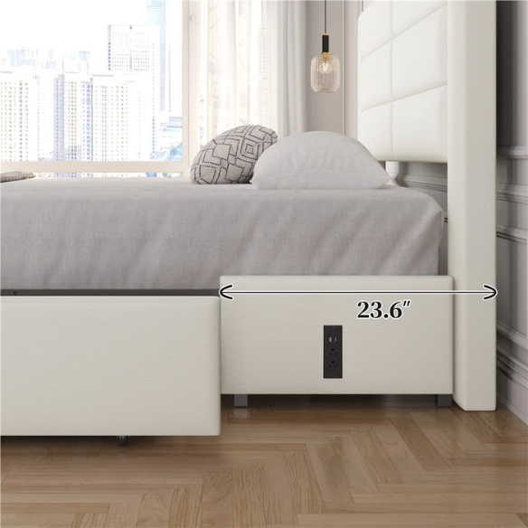 King Size Vegan Leather Metal Platform Storage Bed with 3 Drawers, Tufted Headboard, and Built-In USB Ports – Modern Design for Ultimate Comfort and Convenience