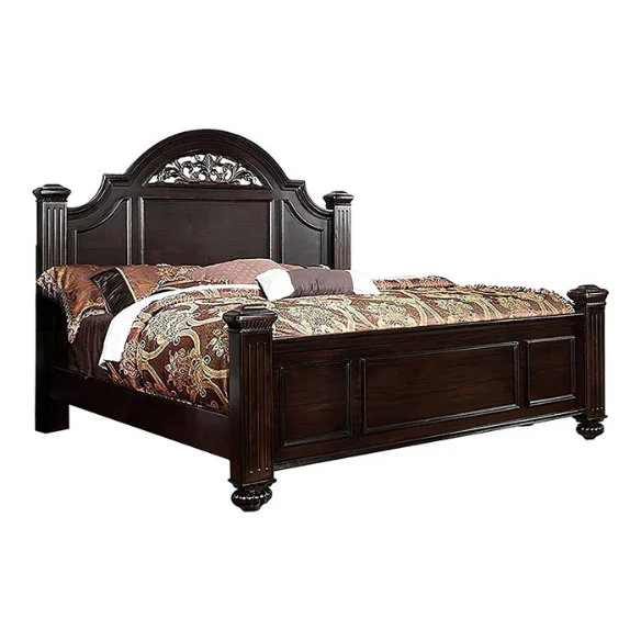 Elegant Traditional 4-Piece Walnut Wood Poster Bedroom Set with Floral Carved Headboard and Fluted Detailing
