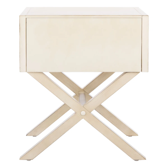 1-Drawer Nightstand – Classic Campaign Style with Contemporary Chic, Acacia Wood Frame, Cross-Base Design, Bold Finish, Gold Drawer Pull, Perfect for Modern Bedrooms