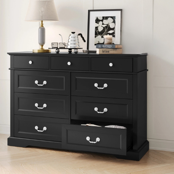 Rustic Modern 9-Drawer 53.5'' Double Dresser with Inset Paneling, Crown Molding, and Customizable Metal Handles