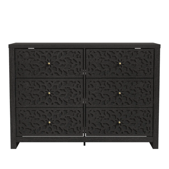 Boho-Inspired 45.4" 6-Drawer Dresser with Distressed Finish and Openwork Floral Details
