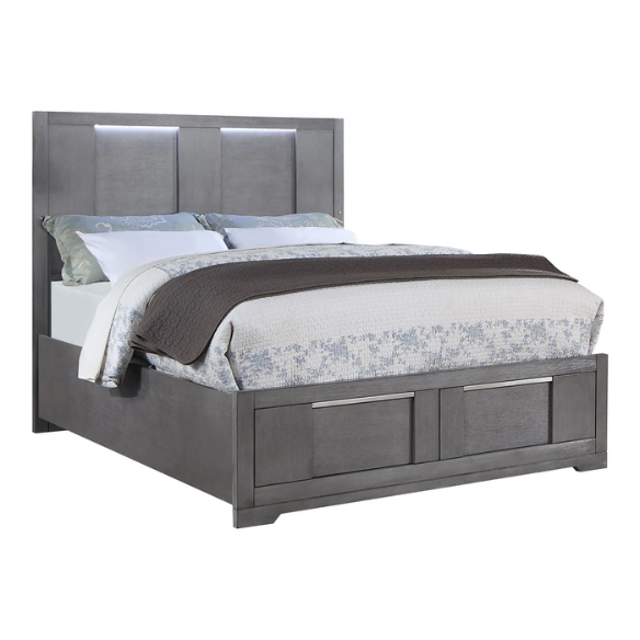 Modern 5-Piece Grey Wood Storage Platform Bedroom Set with LED Headboard Lights and Dovetail Drawers