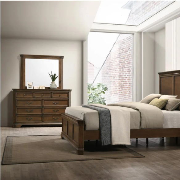 Classic Traditional Wood Queen Panel Bed with Dresser, Mirror, and Two Nightstands in Antique Walnut Finish