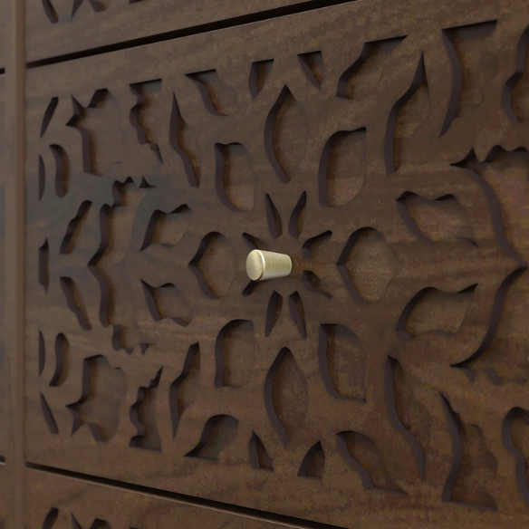 Boho-Inspired 45.4" 6-Drawer Dresser with Distressed Finish and Openwork Floral Details